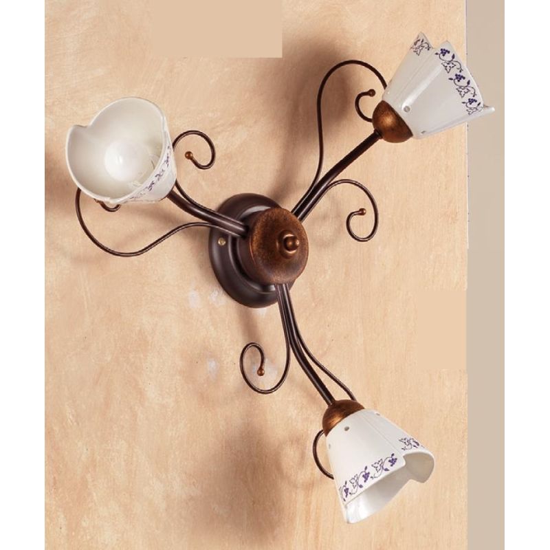 2029.A3 PLAFONIERA 3 LUCI RUSTICA IN FERRO RUGGINE E DIFFUSORI IN TERRACOTTA BIANCA DECORATA MADE IN ITALY CRISTALENSI CERAMICA
