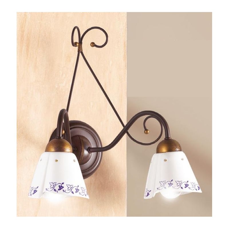 2029.A2 APPLIQUE 2 LUCI RUSTICA IN FERRO RUGGINE E DIFFUSORI IN TERRACOTTA BIANCA DECORATA MADE IN ITALY CRISTALENSI CERAMICA -