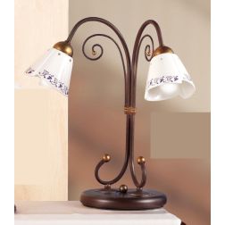 2029.L2 LAMPADA DA TAVOLO 2 LUCI RUSTICA IN FERRO RUGGINE E DIFFUSORI IN TERRACOTTA BIANCA DECORATA MADE IN ITALY CRISTALENSI CE