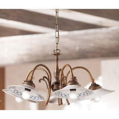 2033.5 LAMPADARIO 5 LUCI RUSTICO COLORE RUGGINE CON PIATTI IN TERRACOTTA BIANCA LUCIDA DECORATA MADE IN ITALY CRISTALENSI CERAMI
