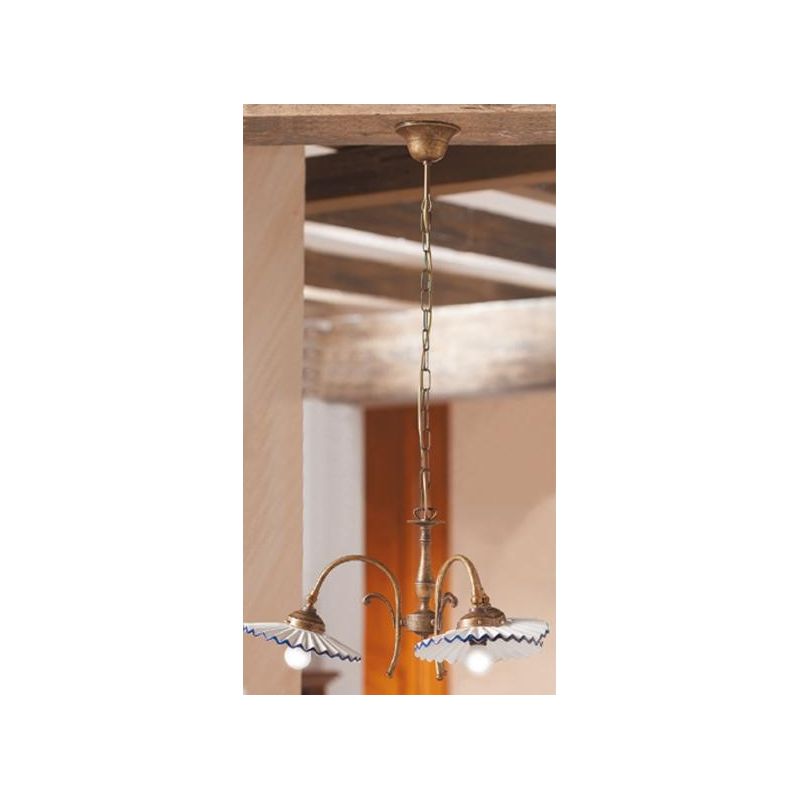 2034.3 LAMPADARIO 3 LUCI RUSTICO COLORE RUGGINE CON PIATTI PLISSE IN TERRACOTTA BIANCA LUCIDA MADE IN ITALY CRISTALENSI CERAMICA