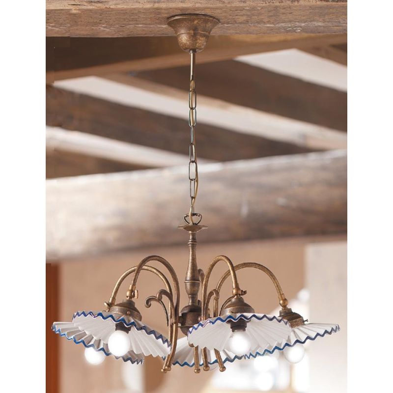 2034.5 LAMPADARIO 5 LUCI RUSTICO COLORE RUGGINE CON PIATTI PLISSE IN TERRACOTTA BIANCA LUCIDA MADE IN ITALY CRISTALENSI CERAMICA