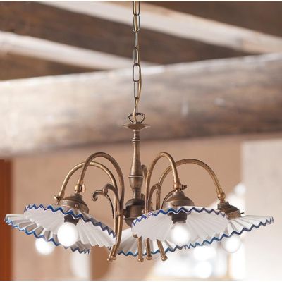 2034.5 LAMPADARIO 5 LUCI RUSTICO COLORE RUGGINE CON PIATTI PLISSE IN TERRACOTTA BIANCA LUCIDA MADE IN ITALY CRISTALENSI CERAMICA