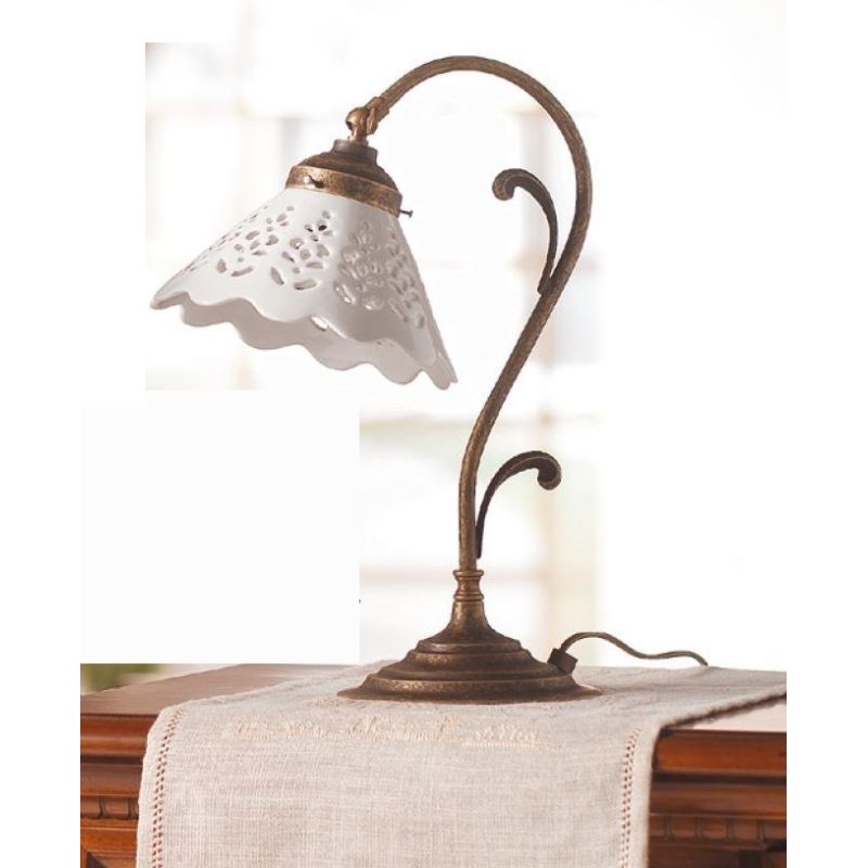 2035.L LAMPADA DA TAVOLO RUSTICA COLORE RUGGINE CON PIATTOIN TERRACOTTA BIANCA LUCIDA TRAFORATA MADE IN ITALY CRISTALENSI CERAMI