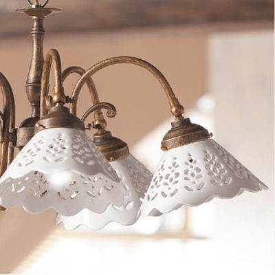 2035.3 LAMPADARIO 3 LUCI RUSTICO RUGGINE CON PIATTI IN TERRACOTTA BIANCA LUCIDA TRAFORATA MADE IN ITALY CRISTALENSI CERAMICA - C