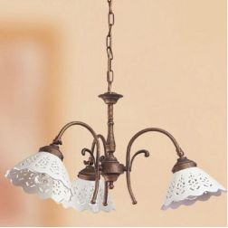 2035.3 LAMPADARIO 3 LUCI RUSTICO RUGGINE CON PIATTI IN TERRACOTTA BIANCA LUCIDA TRAFORATA MADE IN ITALY CRISTALENSI CERAMICA - C