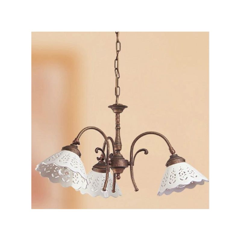 2035.3 LAMPADARIO 3 LUCI RUSTICO RUGGINE CON PIATTI IN TERRACOTTA BIANCA LUCIDA TRAFORATA MADE IN ITALY CRISTALENSI CERAMICA - C