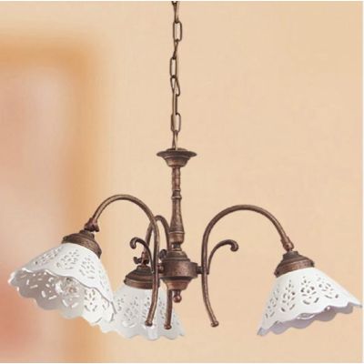 2035.3 LAMPADARIO 3 LUCI RUSTICO RUGGINE CON PIATTI IN TERRACOTTA BIANCA LUCIDA TRAFORATA MADE IN ITALY CRISTALENSI CERAMICA - C
