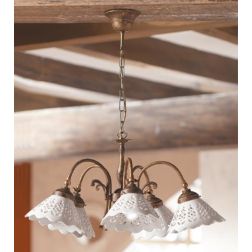 2035.5 LAMPADARIO 5 LUCI RUSTICO RUGGINE CON PIATTI IN TERRACOTTA BIANCA LUCIDA TRAFORATA MADE IN ITALY CRISTALENSI CERAMICA - C 2