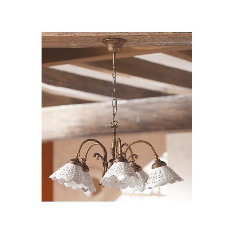 2035.5 LAMPADARIO 5 LUCI RUSTICO RUGGINE CON PIATTI IN TERRACOTTA BIANCA LUCIDA TRAFORATA MADE IN ITALY CRISTALENSI CERAMICA - C