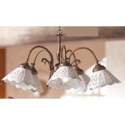 2035.5 LAMPADARIO 5 LUCI RUSTICO RUGGINE CON PIATTI IN TERRACOTTA BIANCA LUCIDA TRAFORATA MADE IN ITALY CRISTALENSI CERAMICA - C