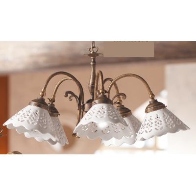 2035.5 LAMPADARIO 5 LUCI RUSTICO RUGGINE CON PIATTI IN TERRACOTTA BIANCA LUCIDA TRAFORATA MADE IN ITALY CRISTALENSI CERAMICA - C