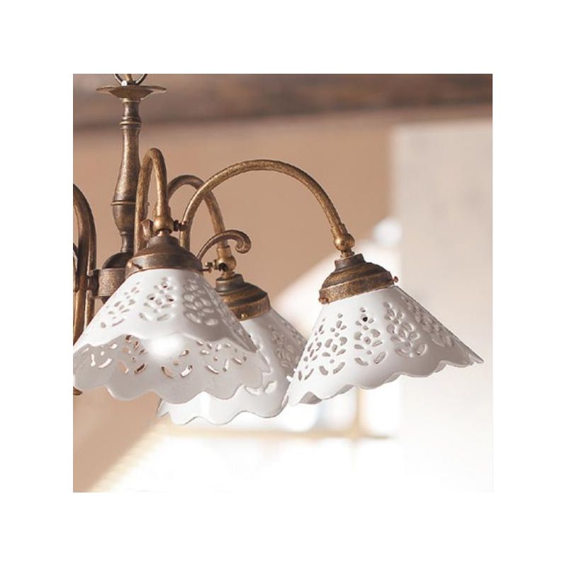 2035.5 LAMPADARIO 5 LUCI RUSTICO RUGGINE CON PIATTI IN TERRACOTTA BIANCA LUCIDA TRAFORATA MADE IN ITALY CRISTALENSI CERAMICA - C