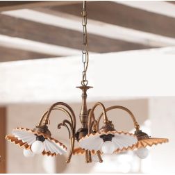 2036.5 LAMPADARIO 5 LUCI RUSTICO RUGGINE CON PIATTI PLISSE IN TERRACOTTA SMALTATI DI BIANCO MADE IN ITALY CRISTALENSI CERAMICA -