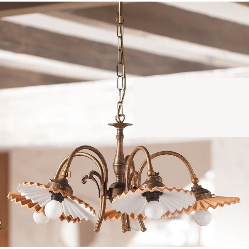 2036.5 LAMPADARIO 5 LUCI RUSTICO RUGGINE CON PIATTI PLISSE IN TERRACOTTA SMALTATI DI BIANCO MADE IN ITALY CRISTALENSI CERAMICA -