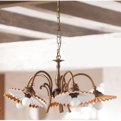 2036.5 LAMPADARIO 5 LUCI RUSTICO RUGGINE CON PIATTI PLISSE IN TERRACOTTA SMALTATI DI BIANCO MADE IN ITALY CRISTALENSI CERAMICA -