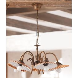 2036.5 LAMPADARIO 5 LUCI RUSTICO RUGGINE CON PIATTI PLISSE IN TERRACOTTA SMALTATI DI BIANCO MADE IN ITALY CRISTALENSI CERAMICA - 2