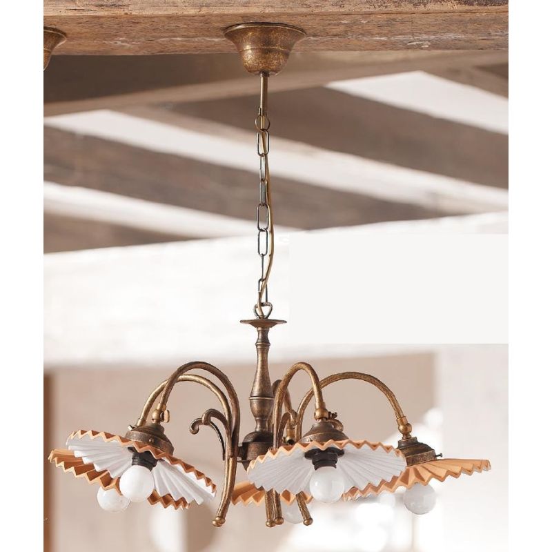 2036.5 LAMPADARIO 5 LUCI RUSTICO RUGGINE CON PIATTI PLISSE IN TERRACOTTA SMALTATI DI BIANCO MADE IN ITALY CRISTALENSI CERAMICA -
