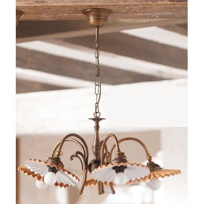 2036.5 LAMPADARIO 5 LUCI RUSTICO RUGGINE CON PIATTI PLISSE IN TERRACOTTA SMALTATI DI BIANCO MADE IN ITALY CRISTALENSI CERAMICA -