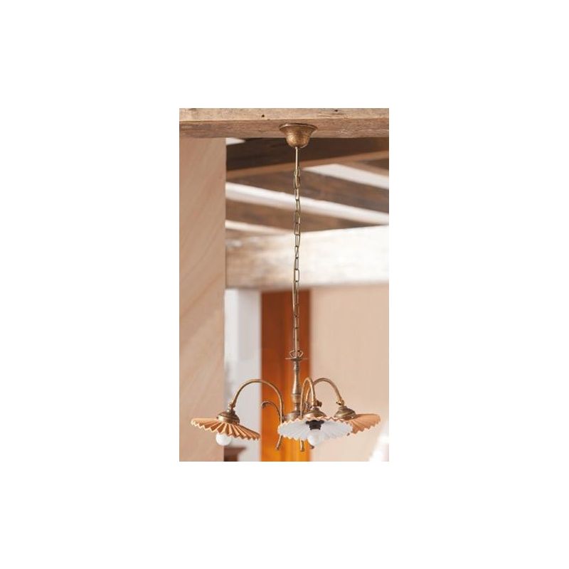 2036.3 LAMPADARIO 3 LUCI RUSTICO RUGGINE CON PIATTI PLISSE IN TERRACOTTA SMALTATI DI BIANCO MADE IN ITALY CRISTALENSI CERAMICA -