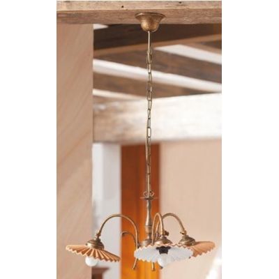 2036.3 LAMPADARIO 3 LUCI RUSTICO RUGGINE CON PIATTI PLISSE IN TERRACOTTA SMALTATI DI BIANCO MADE IN ITALY CRISTALENSI CERAMICA -