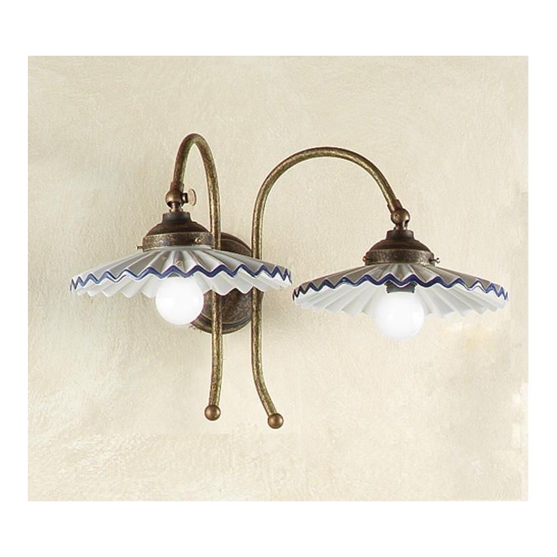 2038.A APPLIQUE RUSTICA 2 LUCI RUGGINE CON PIATTI PLISSE IN TERRACOTTA BIANCA CON BORDO DECORATO MADE IN ITALY CRISTALENSI CERAM