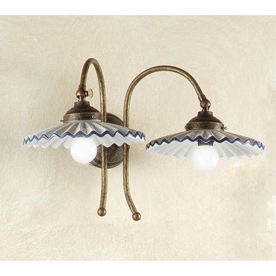 2038.A APPLIQUE RUSTICA 2 LUCI RUGGINE CON PIATTI PLISSE IN TERRACOTTA BIANCA CON BORDO DECORATO MADE IN ITALY CRISTALENSI CERAM