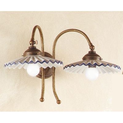 2038.A APPLIQUE RUSTICA 2 LUCI RUGGINE CON PIATTI PLISSE IN TERRACOTTA BIANCA CON BORDO DECORATO MADE IN ITALY CRISTALENSI CERAM