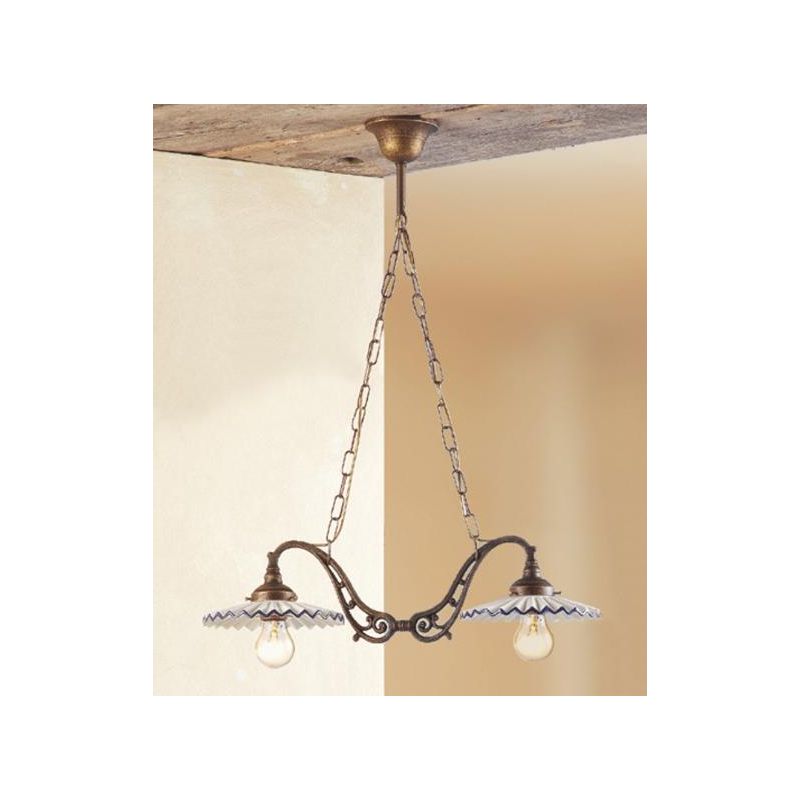 2038.1 LAMPADARIO 2 LUCI RUGGINE CON PIATTI PLISSE IN TERRACOTTA BIANCA CON BORDO DECORATO MADE IN ITALY CRISTALENSI CERAMICA -