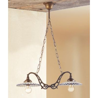 2038.1 LAMPADARIO 2 LUCI RUGGINE CON PIATTI PLISSE IN TERRACOTTA BIANCA CON BORDO DECORATO MADE IN ITALY CRISTALENSI CERAMICA -