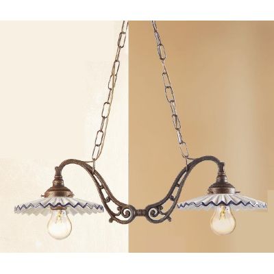 2038.1 LAMPADARIO 2 LUCI RUGGINE CON PIATTI PLISSE IN TERRACOTTA BIANCA CON BORDO DECORATO MADE IN ITALY CRISTALENSI CERAMICA -