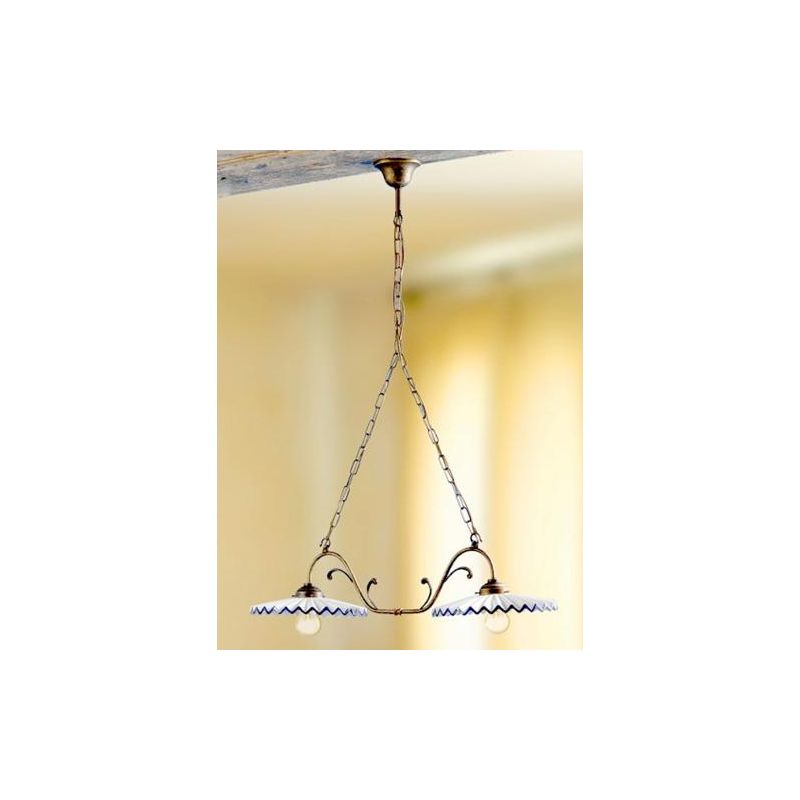 2038.2 LAMPADARIO 2 LUCI RUGGINE CON PIATTI PLISSE IN TERRACOTTA BIANCA CON BORDO DECORATO MADE IN ITALY CRISTALENSI CERAMICA -