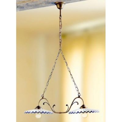 2038.2 LAMPADARIO 2 LUCI RUGGINE CON PIATTI PLISSE IN TERRACOTTA BIANCA CON BORDO DECORATO MADE IN ITALY CRISTALENSI CERAMICA -