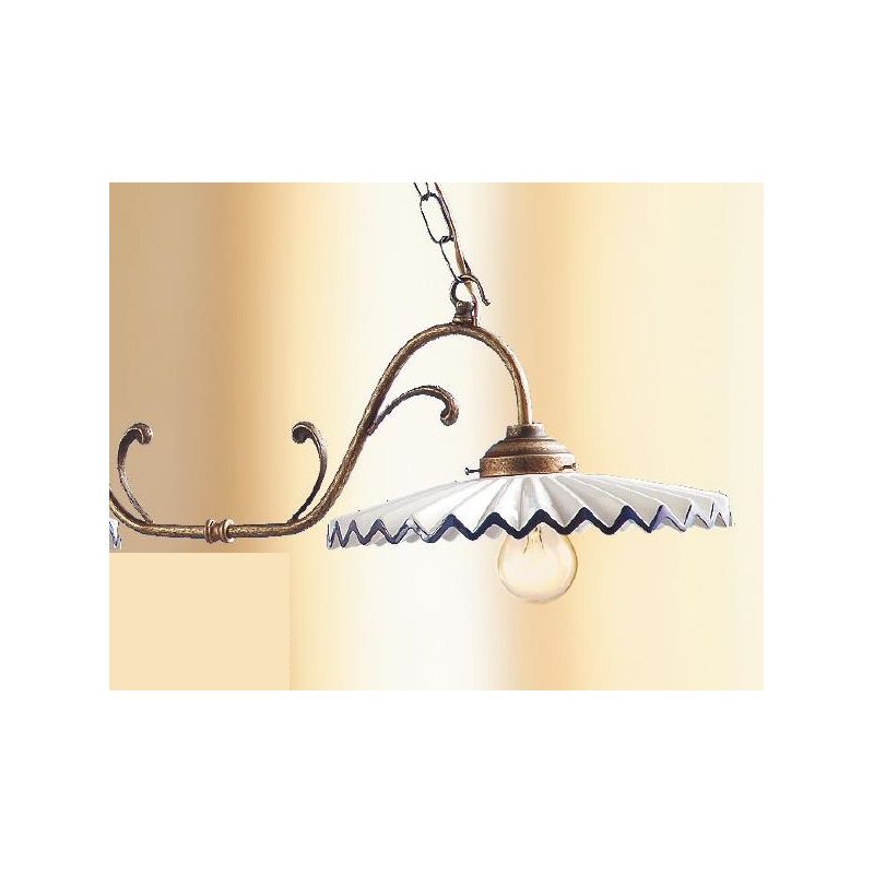 2038.2 LAMPADARIO 2 LUCI RUGGINE CON PIATTI PLISSE IN TERRACOTTA BIANCA CON BORDO DECORATO MADE IN ITALY CRISTALENSI CERAMICA -