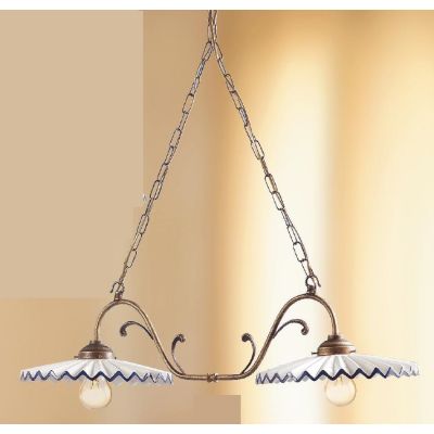 2038.2 LAMPADARIO 2 LUCI RUGGINE CON PIATTI PLISSE IN TERRACOTTA BIANCA CON BORDO DECORATO MADE IN ITALY CRISTALENSI CERAMICA -