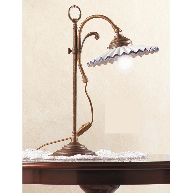 2038.L LAMPADA DA TAVOLO RUGGINE CON PIATTO PLISSE IN TERRACOTTA BIANCA CON BORDO DECORATO MADE IN ITALY CRISTALENSI CERAMICA -