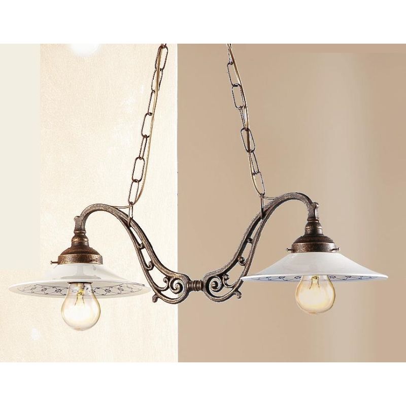 2039.1 LAMPADARIO 2 LUCI RUSTICO CON DIFFUSORI IN TERRACOTTA BIANCA LUCIDA DECORATA MADE IN ITALY CRISTALENSI CERAMICA - Cristal