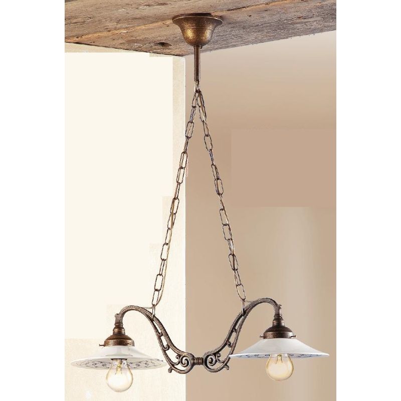 2039.1 LAMPADARIO 2 LUCI RUSTICO CON DIFFUSORI IN TERRACOTTA BIANCA LUCIDA DECORATA MADE IN ITALY CRISTALENSI CERAMICA - Cristal