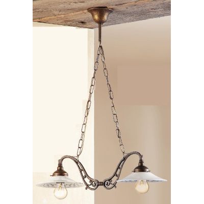 2039.1 LAMPADARIO 2 LUCI RUSTICO CON DIFFUSORI IN TERRACOTTA BIANCA LUCIDA DECORATA MADE IN ITALY CRISTALENSI CERAMICA - Cristal