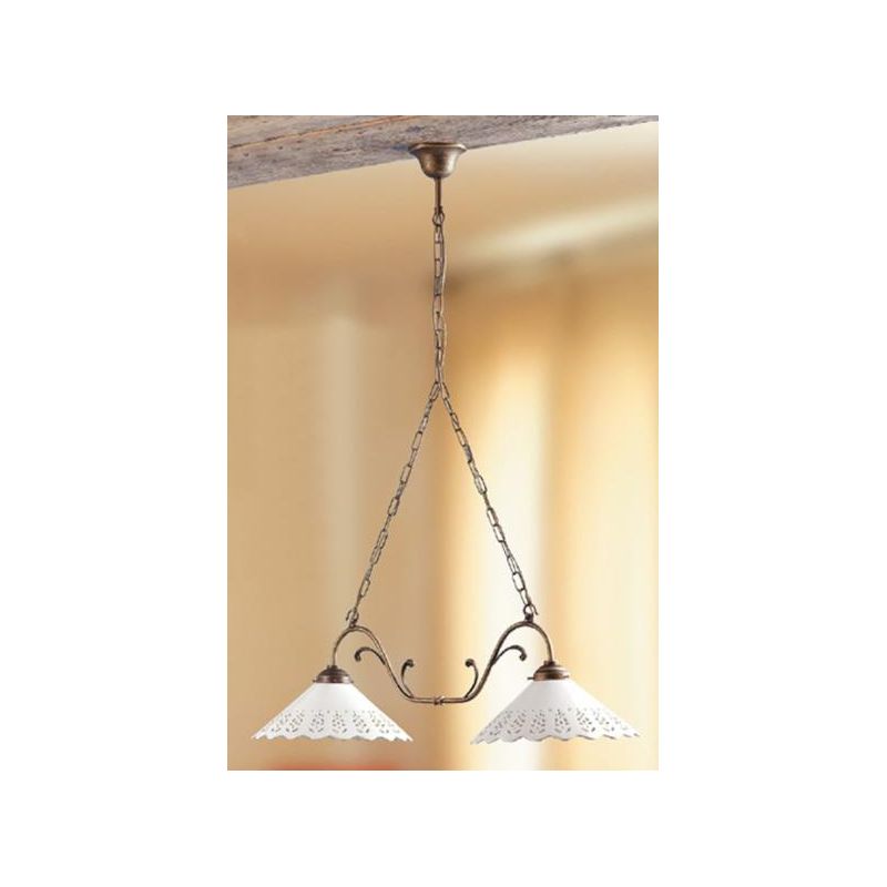 2040.2 LAMPADARIO RUSTICO 2 LUCI CON DIFFUSORI IN TERRACOTTA BIANCA LUCIDA TRAFORATA MADE IN ITALY CRISTALENSI CERAMICA - Crista