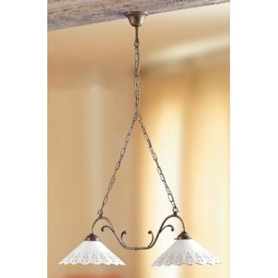 2040.2 LAMPADARIO RUSTICO 2 LUCI CON DIFFUSORI IN TERRACOTTA BIANCA LUCIDA TRAFORATA MADE IN ITALY CRISTALENSI CERAMICA - Crista