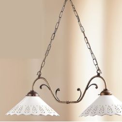 2040.2 LAMPADARIO RUSTICO 2 LUCI CON DIFFUSORI IN TERRACOTTA BIANCA LUCIDA TRAFORATA MADE IN ITALY CRISTALENSI CERAMICA - Crista