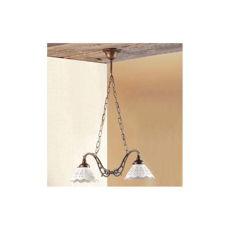 2040.1 LAMPADARIO 2 LUCI RUSTICO CON DIFFUSORI IN TERRACOTTA BIANCA LUCIDA TRAFORATA MADE IN ITALY CRISTALENSI CERAMICA - Crista