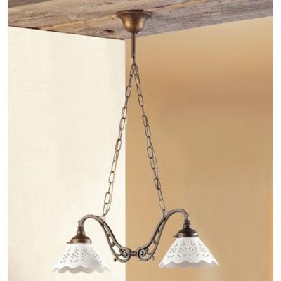 2040.1 LAMPADARIO 2 LUCI RUSTICO CON DIFFUSORI IN TERRACOTTA BIANCA LUCIDA TRAFORATA MADE IN ITALY CRISTALENSI CERAMICA - Crista