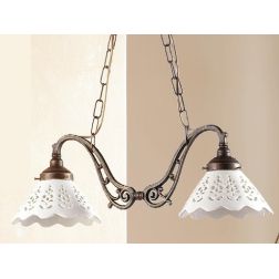 2040.1 LAMPADARIO 2 LUCI RUSTICO CON DIFFUSORI IN TERRACOTTA BIANCA LUCIDA TRAFORATA MADE IN ITALY CRISTALENSI CERAMICA - Crista