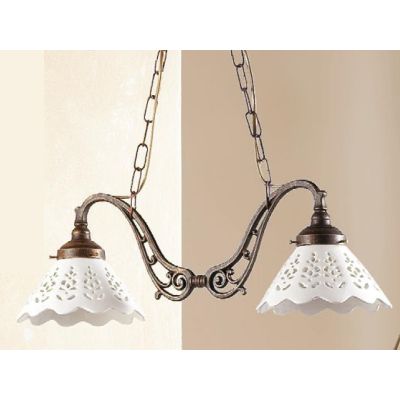 2040.1 LAMPADARIO 2 LUCI RUSTICO CON DIFFUSORI IN TERRACOTTA BIANCA LUCIDA TRAFORATA MADE IN ITALY CRISTALENSI CERAMICA - Crista