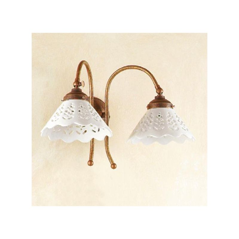 2040.A APPLIQUE 2 LUCI RUSTICA CON DIFFUSORI IN TERRACOTTA BIANCA LUCIDA TRAFORATA MADE IN ITALY CRISTALENSI CERAMICA - Cristale