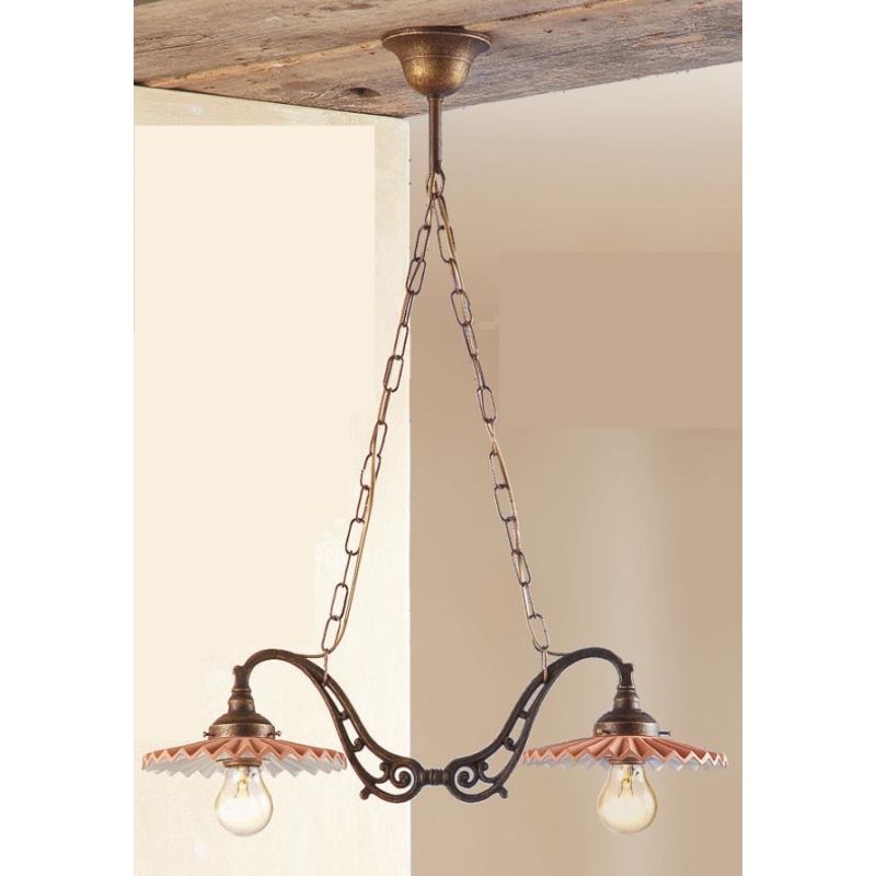 2041.1 LAMPADARIO 2 LUCI RUSTICO CON DIFFUSORI IN TERRACOTTA CON INTERNO SMALTATO DI BIANCO MADE IN ITALY CRISTALENSI CERAMICA -