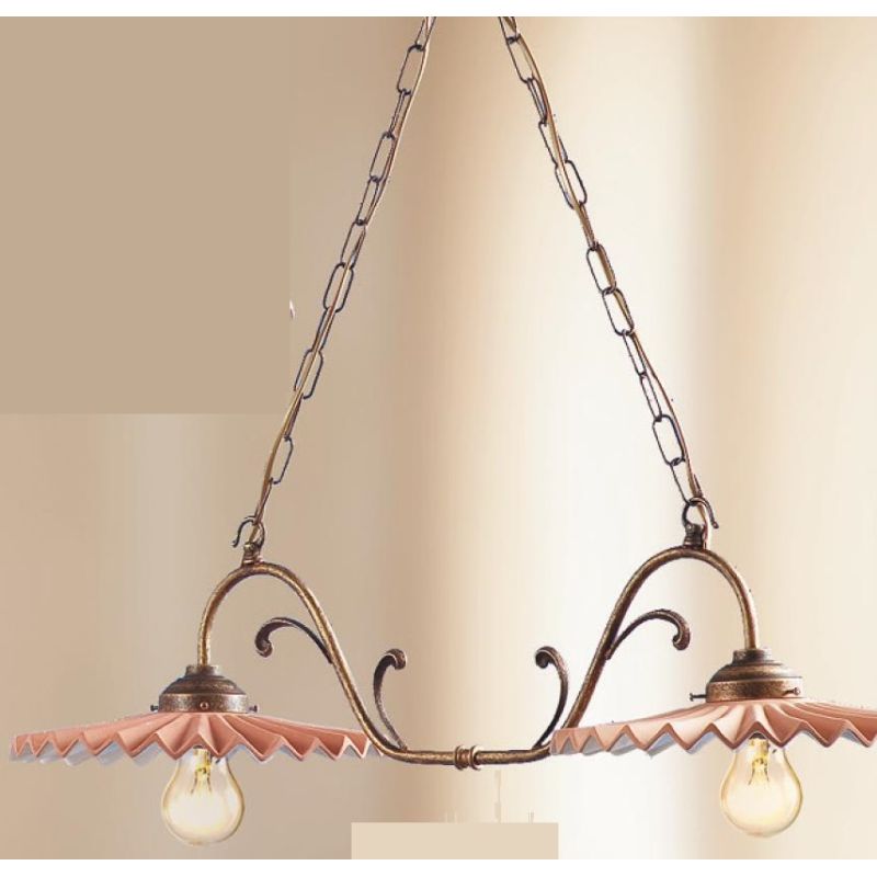 2041.2 LAMPADARIO RUSTICO 2 LUCI CON DIFFUSORI IN TERRACOTTA CON INTERNO SMALTATO DI BIANCO MADE IN ITALY CRISTALENSI CERAMICA -