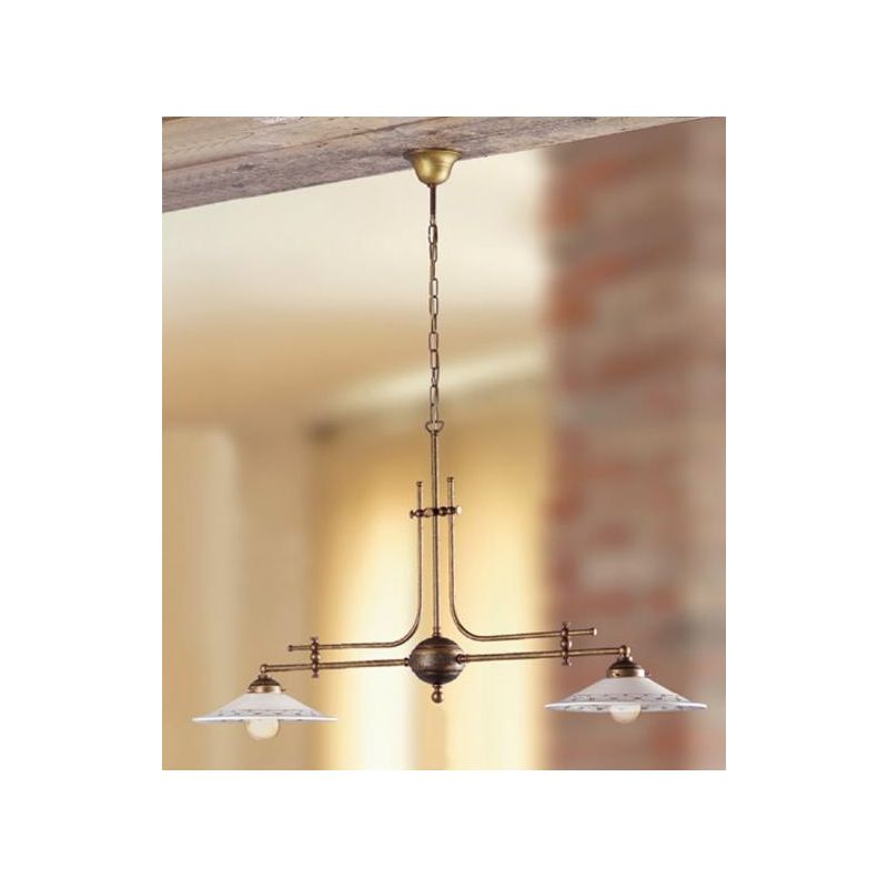 2044.2 BILANCIERE RUSTICO 2 LUCI CON DIFFUSORI IN TERRACOTTA BIANCA LUCIDA DECORATA MADE IN ITALY CRISTALENSI CERAMICA - Cristal